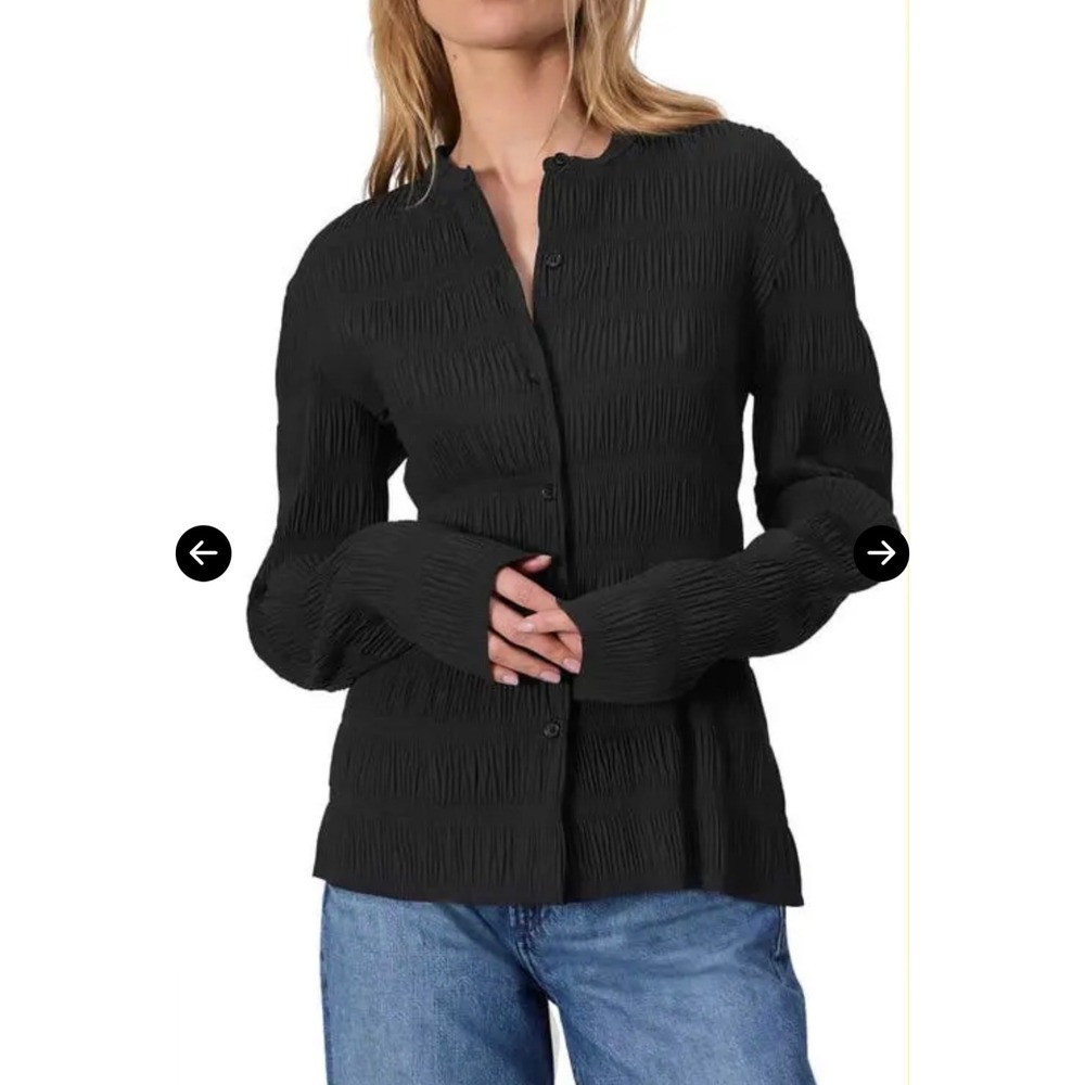 Rag & Bone Black Plisse Crinkle Button Down Band Collar Top Blouse Large - Picture 7 of 14